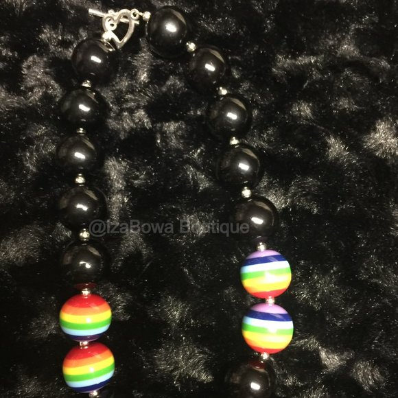Rainbow with Black Chunky Bead Necklace HAND CRAFTED